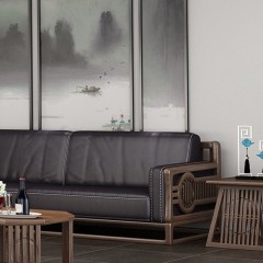 千匠一品 新中式精选优质橡木黑牛皮办公1+1+3沙发组合7675-G