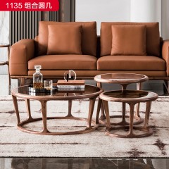 （精品）千匠一品 轻奢新中式风格 北美胡桃木+茶色防爆钢化玻璃 高档大气圆几1135-1 大圆几 1135-2 中圆几 1135-3 小圆几-X