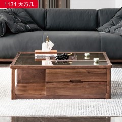 （精品）千匠一品 轻奢新中式风格 北美黑胡桃木+石纹艺术压花双层钢化玻璃 高档大气大方几 1131 大方几-X