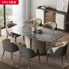 千匠一品 轻奢意式风格 实木+伯爵灰+天然大理石 时尚大气餐桌 V9912-X