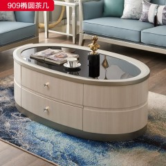 △千匠一品 轻奢美式风格 实木+实木多层+钢化玻璃 高档大气椭圆茶几909椭圆茶几-X