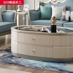 △千匠一品 轻奢美式风格 实木+实木多层+钢化玻璃 高档大气椭圆茶几909椭圆茶几-X