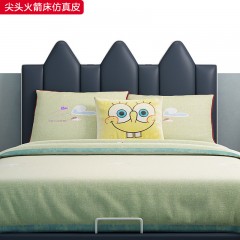 千匠一品 儿童风格 优质仿真皮+高密度海绵+橡胶木框架+镀金铁脚 尖头火箭床-S