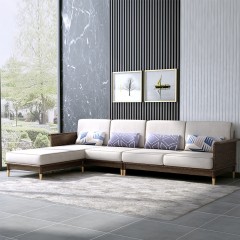 千匠一品北欧风格优质白蜡木+亚麻布+高密度海绵+合金镀铜脚套转角沙发B811-M