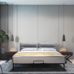 【精品】千匠一品意式极简优质棉麻布+碳素钢底架+实木框架卧室双人床C04-M