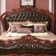 千匠一品美式古典优质蜡木1.8M深色卧室双人床A16-J