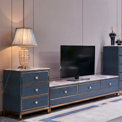 【精品】千匠一品轻奢后现代优质仿真皮+落叶松+大理石面+精选不锈钢客厅电视柜C02-M