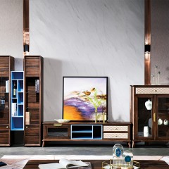 △【精品】千匠一品 轻奢欧式南美黑胡桃实木+环保油漆+玻璃柜门+复古五金把手意式风格电视柜F02-L