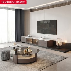 千匠一品 意式风格柜体高级密度板烤漆+岩板+茶色玻璃+灯带电视柜-BSND658-S