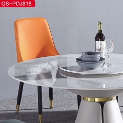 △【精品】千匠一品意式轻奢优质亮光岩板+扪皮工艺+不锈钢钛金拉丝1.3 1.35m餐桌QS-PDJ818-H