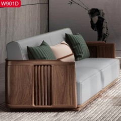 △【精品】千匠一品轻奢新中式甄选北美黑胡桃实木框架+高密度海绵+优质仿真皮+橡胶木实木多层板沙发W901D-B