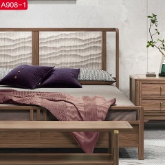 △【精品】千匠一品轻奢新中式风格甄选黑胡桃木实木框架+高筋密编制印花布艺+健康环保油漆+橡胶木实木多层板1.5米 1.8米床A908-1-B