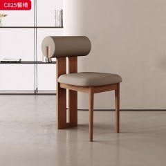 千匠一品 中古侘寂风格 PU皮+高密度海绵+橡木 时尚简约餐椅C825-J