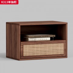 千匠一品 中古风格 核桃木+藤编 时尚简约单抽柜K313-J