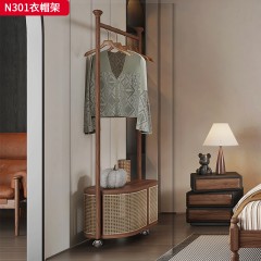 千匠一品 中古风格 核桃木+藤编 时尚简约衣帽架N301-J