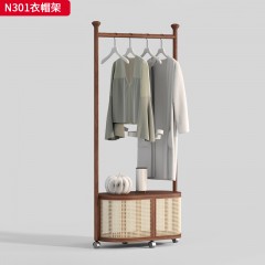 千匠一品 中古风格 核桃木+藤编 时尚简约衣帽架N301-J