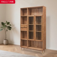 千匠一品 北欧风格 北美白蜡木实木+玻璃+五金脚套 时尚大气三门书柜F802-L