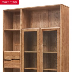 千匠一品 北欧风格 北美白蜡木实木+玻璃+五金脚套 时尚大气三门书柜F802-L