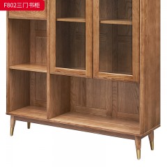 千匠一品 北欧风格 北美白蜡木实木+玻璃+五金脚套 时尚大气三门书柜F802-L