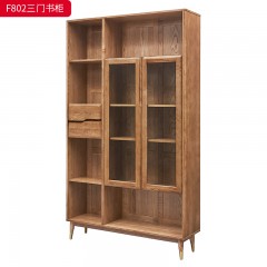 千匠一品 北欧风格 北美白蜡木实木+玻璃+五金脚套 时尚大气三门书柜F802-L