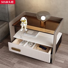 千匠一品 现代风格 全松木板+优质纳帕皮+五金架+岩板+茶色玻璃 时尚大气床头柜 505-X