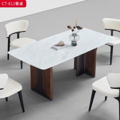 千匠一品 现代风格 18厘广西白微晶石3D打印幕尚灰石面+不锈钢灰钢拉丝+实木贴胡桃木木皮 时尚简约餐桌CT-611-L
