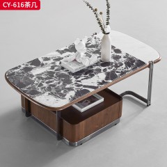 千匠一品 现代风格 E1级密度板贴天然胡桃木皮+环保清漆+201不锈钢+广西白大理石（宝格丽黑+丹枫白石面）时尚大气茶几CY-616-L