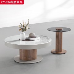 千匠一品 现代风格 E1级密度板贴天然胡桃木皮+环保清漆+灰色油漆+钢化玻璃+广西白大理石（3D打印千山暮雪石面）时尚简约茶几CY-624-L