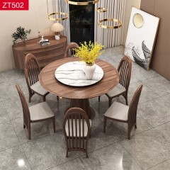△【精品】千匠一品 轻奢新中式面板侧板贴乌金木薄片+乌丝檀木+岩板转盘+乌金木1.3M圆餐台-ZT502-J