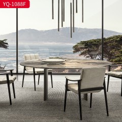 △【精品】千匠一品 轻奢现代 不锈钢灰钢色脚架+天然石威尼斯棕台面 YQ-1088F餐桌-F