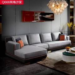 【精品】千匠一品 现代轻奢科技布+仿皮+拉丝香槟金不锈钢脚转角沙发-Q666-S