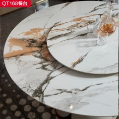 △【精品】千匠一品现代轻奢实木框架+奢石岩板1.35M餐桌餐台带转盘-QT168-X