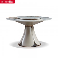 △【精品】千匠一品现代轻奢实木框架+奢石岩板1.35M餐桌餐台带转盘-QT168-X