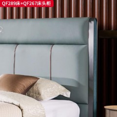 【精品】千匠一品 现代轻奢 接触面真皮+高密度海绵+实木框架+实木静音排骨架+灰钛不锈钢+五金脚架 简约大气1.8米双人床QF289  床头柜QF267-L