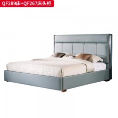 【精品】千匠一品 现代轻奢 接触面真皮+高密度海绵+实木框架+实木静音排骨架+灰钛不锈钢+五金脚架 简约大气1.8米双人床QF289  床头柜QF267-L