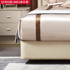 【精品】千匠一品 现代轻奢 接触面真皮+高密度海绵+实木框架+实木排骨架+五金脚架 简约大气1.8米双人床QF802  床头柜8801-L