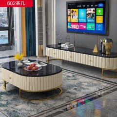 【精品】千匠一品现代轻奢高档皮质+密度板+大理石+不锈钢钛金茶几-602-G