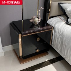 △【精品】千匠一品 意式轻奢进口榉木框架+多层实木板贴木皮+高亮光漆+不锈钢五金床头柜-M-03-G