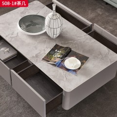 千匠一品 意式风格 寒江雪白亮光岩板+黑钛五金脚 高档大气茶几 508-1茶几-X