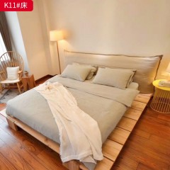 千匠一品 北欧风格 全白蜡木+棉麻布面料+羽绒靠包 简约大气1.8米双人床K11-L