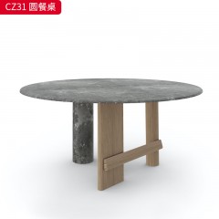 千匠一品 北欧风格 台面大花绿天然大理石  中花白天然大理石+白蜡木实木+开放漆 简约大气圆餐桌CZ31  CZ18-L