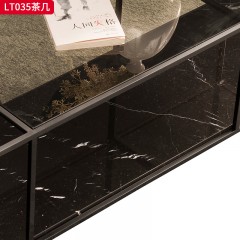 千匠一品 意式极简风格 黑白根大理石+灰色玻璃面+不锈钢镀黑金框架 简约大气茶几LT035-L