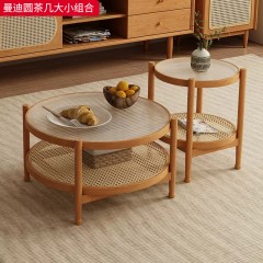 【特价产品】千匠一品 北欧风格 橡胶木贴皮主框架+实木多层板+真藤+长虹玻璃+铜拉手 时尚大气编藤电视柜/花生边柜/曼迪圆茶几大小组合-J