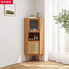 【特价产品】千匠一品 北欧风格 橡胶木贴皮主框架+实木层板+真藤+玻璃 时尚大气睦邻角柜-J