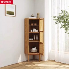 【特价产品】千匠一品 北欧风格 橡胶木贴皮主框架+实木层板+真藤+玻璃 时尚大气睦邻角柜-J