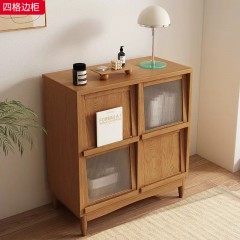 【特价产品】千匠一品 北欧风格 橡胶木贴皮主框架+实木多层板+长虹玻璃  时尚大气四格边柜-J