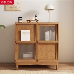 【特价产品】千匠一品 北欧风格 橡胶木贴皮主框架+实木多层板+长虹玻璃  时尚大气四格边柜-J