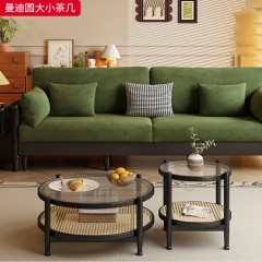 【特价产品】千匠一品 北欧风格 橡胶木+长虹玻璃+编藤 时尚大气曼迪圆茶几-J