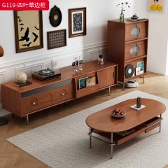 【特价产品】千匠一品  北欧风格 橡胶木贴樱桃木皮+不锈钢金属脚 时尚大气四叶草边柜G119-J