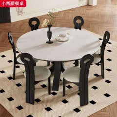 千匠一品 中古风美式复古风格 岩板+全托底板+白蜡木 时尚优雅小蛮腰餐桌 L35餐椅-J